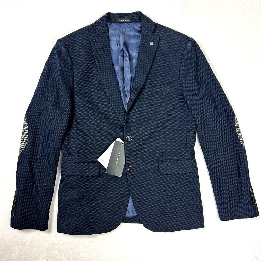 Zara Man Men's Navy Textured Birdseye Blazer Sport Coat Elbow Patches Sz S NWT